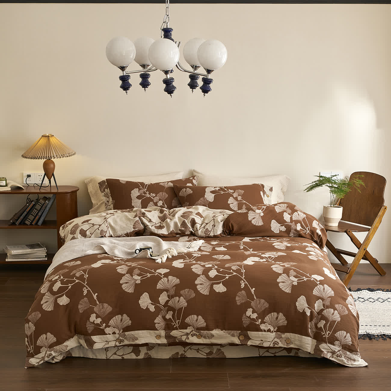 Bettwäsche-Set aus Baumwollgaze mit Knöpfen und Ginkgoblättern (4-teilig) - Braun & Aprikose - 220cm x 240cm - image 18