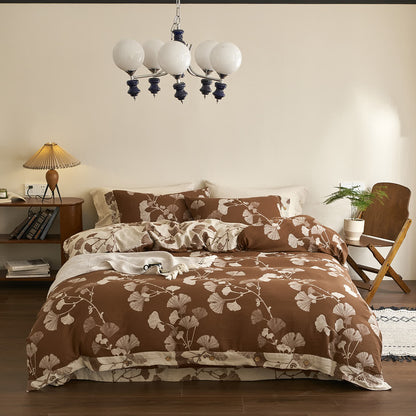 Bettwäsche-Set aus Baumwollgaze mit Knöpfen und Ginkgoblättern (4-teilig) - Braun & Aprikose - 220cm x 240cm - image 18