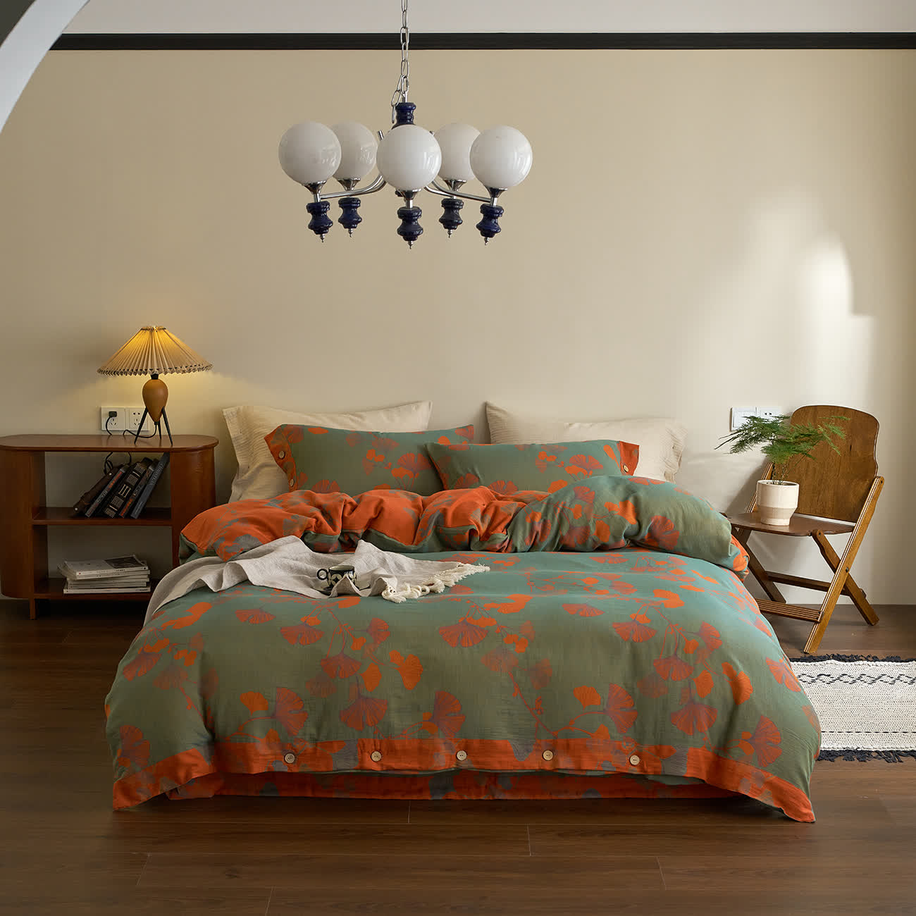 Bettwäsche-Set aus Baumwollgaze mit Knöpfen und Ginkgoblättern (4-teilig) - Grün & Orange - 220cm x 240cm - image 0
