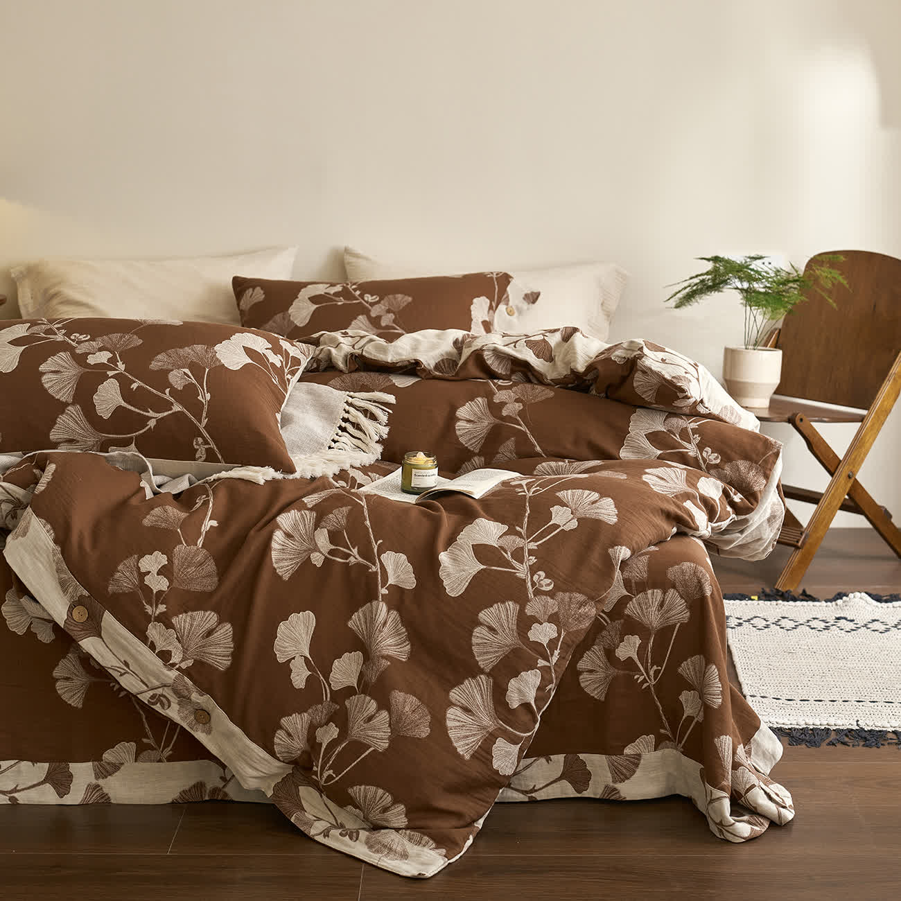 Bettwäsche-Set aus Baumwollgaze mit Knöpfen und Ginkgoblättern (4-teilig) - image 19