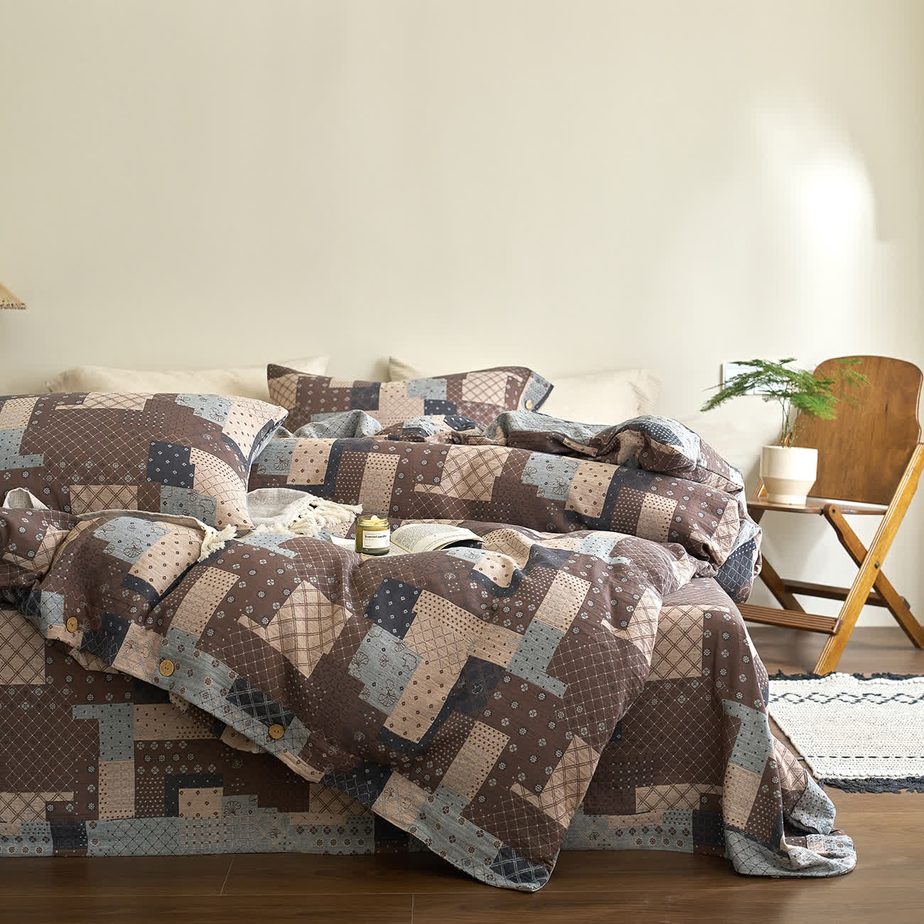 Patchwork-Bettwäscheset aus Baumwollgaze mit geometrischem Muster (4-teilig)