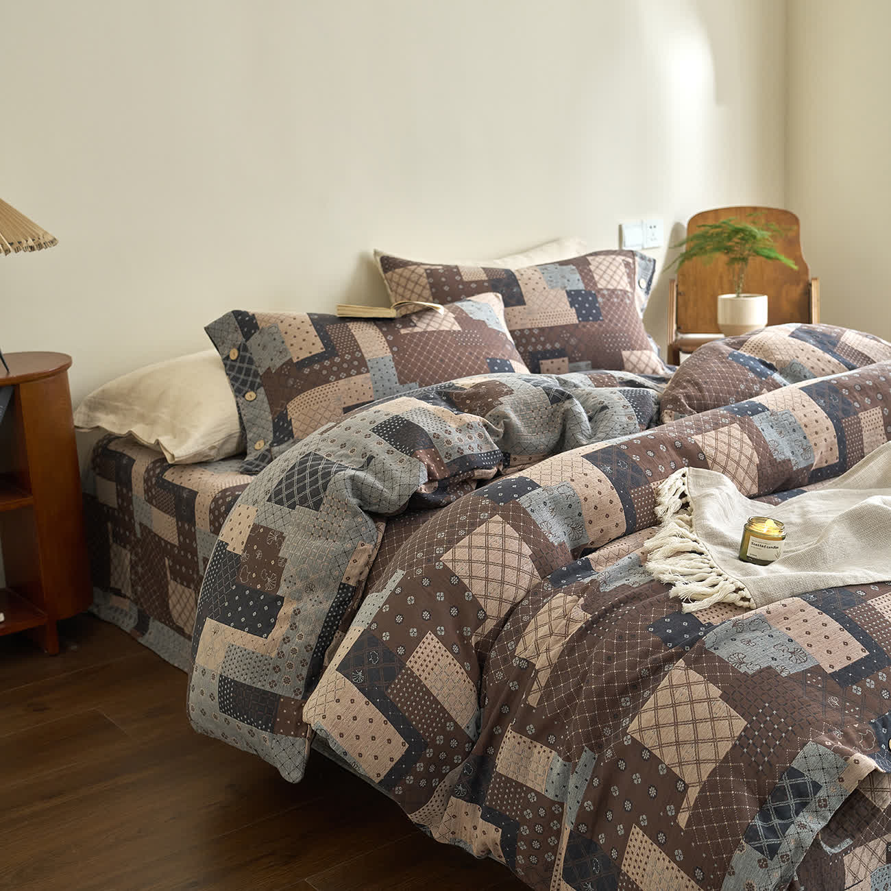 Patchwork-Bettwäscheset aus Baumwollgaze mit geometrischem Muster (4-teilig)
