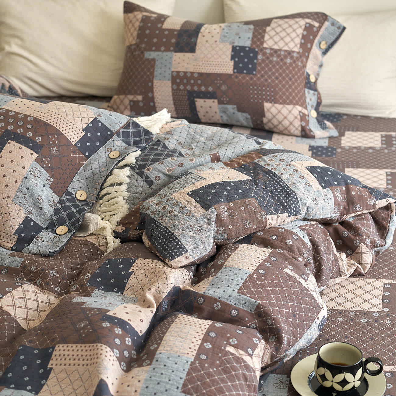 Patchwork-Bettwäscheset aus Baumwollgaze mit geometrischem Muster (4-teilig)