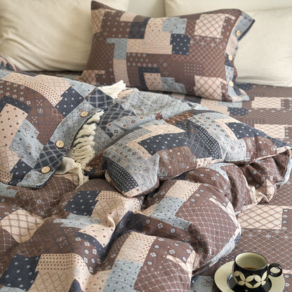 Patchwork-Bettwäscheset aus Baumwollgaze mit geometrischem Muster (4-teilig)