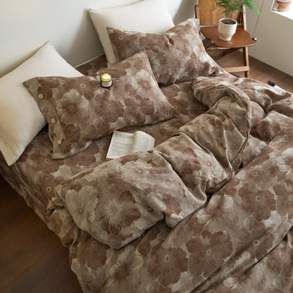 Garngefärbtes Bettwäscheset aus Baumwollgaze mit Blumenmuster (4-teilig)