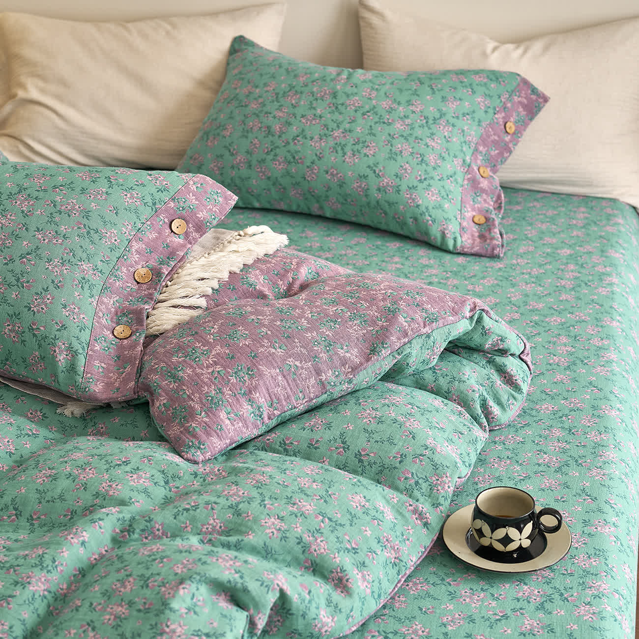 Refresh Bettwäsche-Set aus Baumwollgaze mit Blumenmuster und Knöpfen (4-teilig)