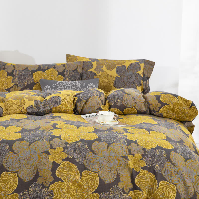 Elegantes Bettwäscheset mit Knöpfen aus Baumwollgaze mit Blumenmuster (4-teilig)