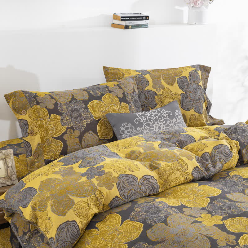 Elegantes Bettwäscheset mit Knöpfen aus Baumwollgaze mit Blumenmuster (4-teilig)