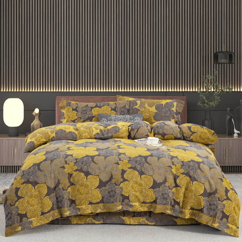 Elegantes Bettwäscheset mit Knöpfen aus Baumwollgaze mit Blumenmuster (4-teilig)