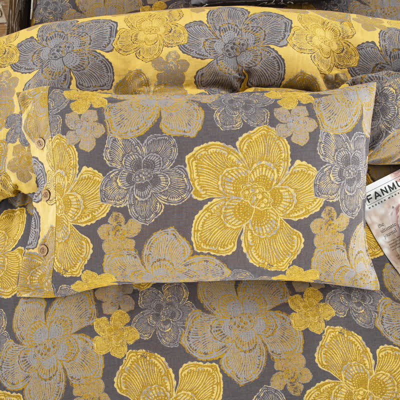 Elegantes Bettwäscheset mit Knöpfen aus Baumwollgaze mit Blumenmuster (4-teilig)