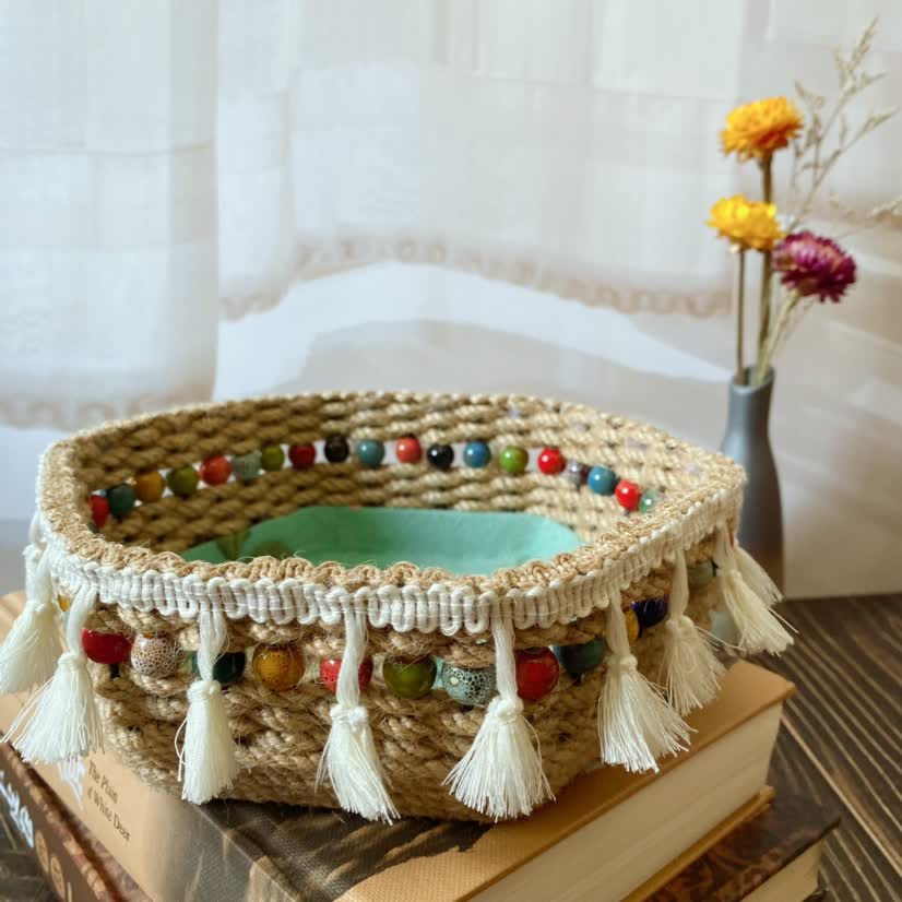 Sechseckiger Aufbewahrungskorb aus Hanfseil mit Blumenmuster