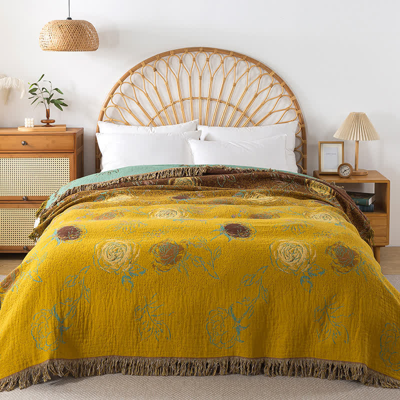Wendbare Steppdecke aus Baumwollgaze im Vintage-Stil mit Rosenmotiv