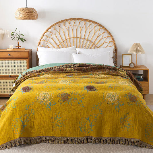 Wendbare Steppdecke aus Baumwollgaze im Vintage-Stil mit Rosenmotiv