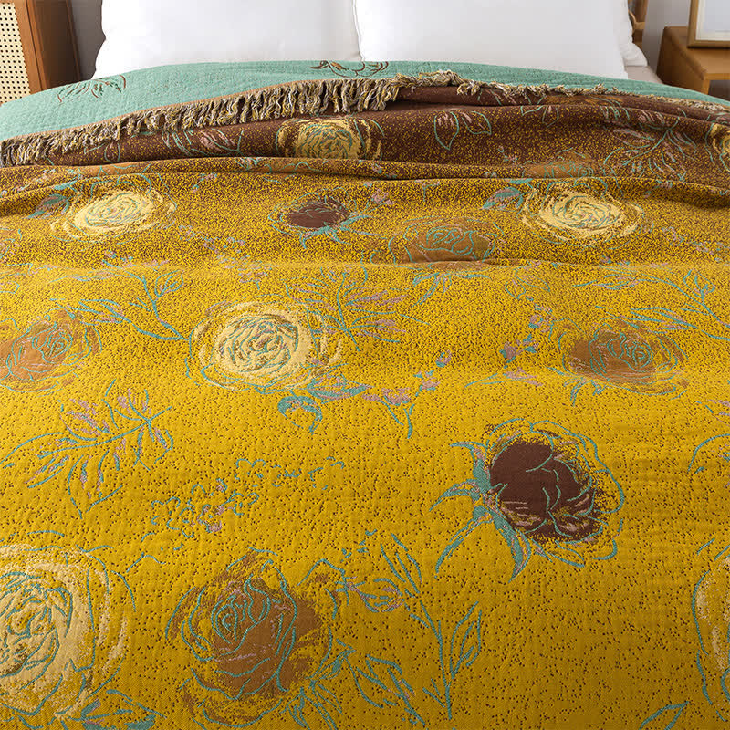 Wendbare Steppdecke aus Baumwollgaze im Vintage-Stil mit Rosenmotiv