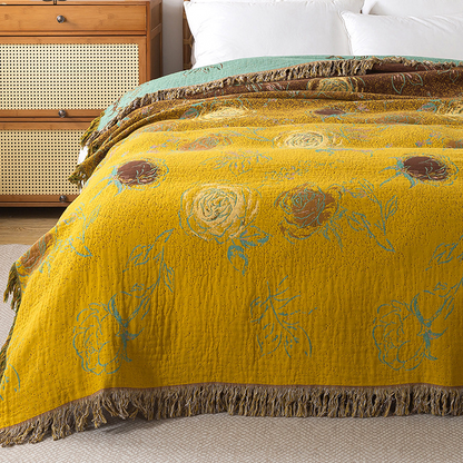Wendbare Steppdecke aus Baumwollgaze im Vintage-Stil mit Rosenmotiv