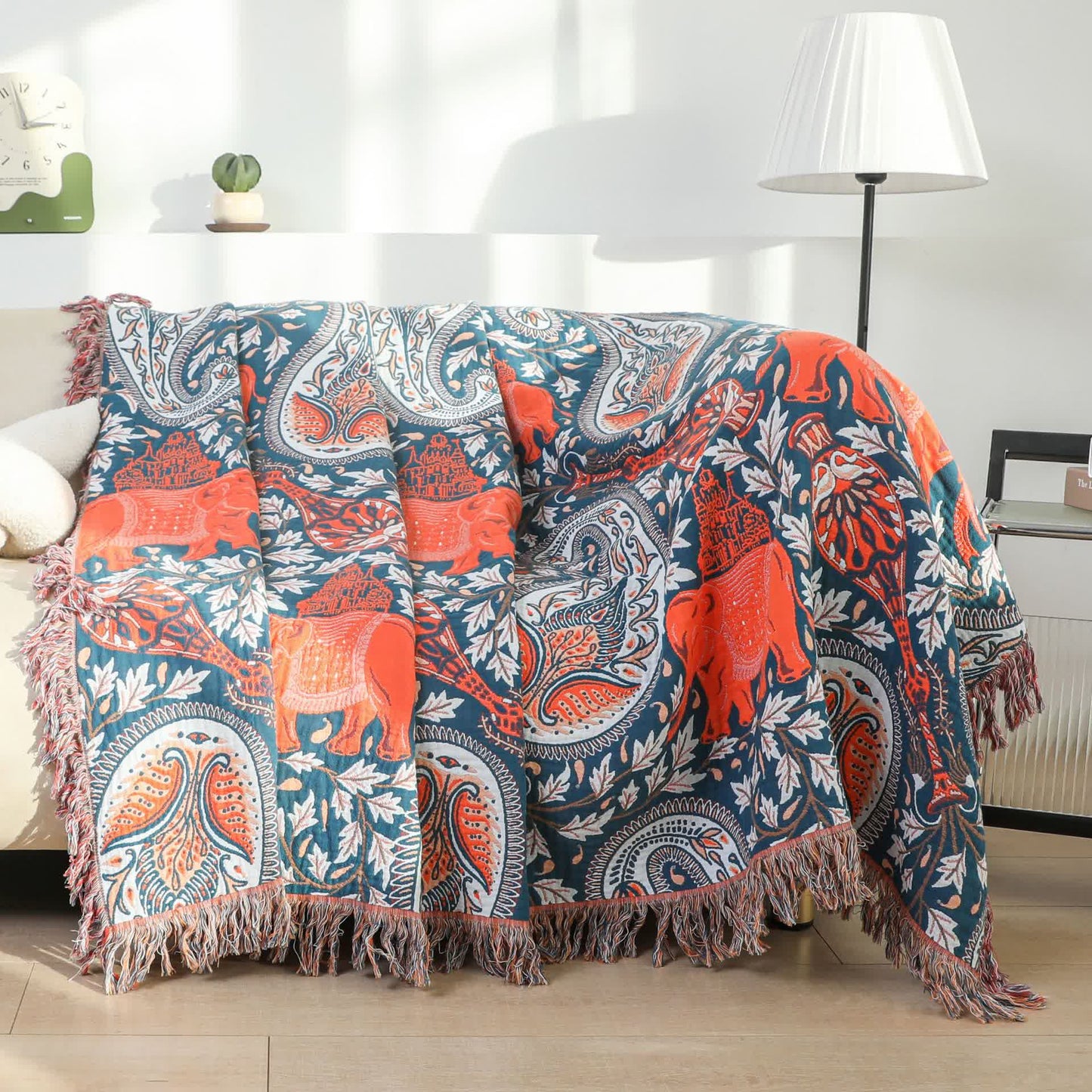 Sofadecke aus Baumwolle mit Paisley-Muster und Elefanten-Quaste