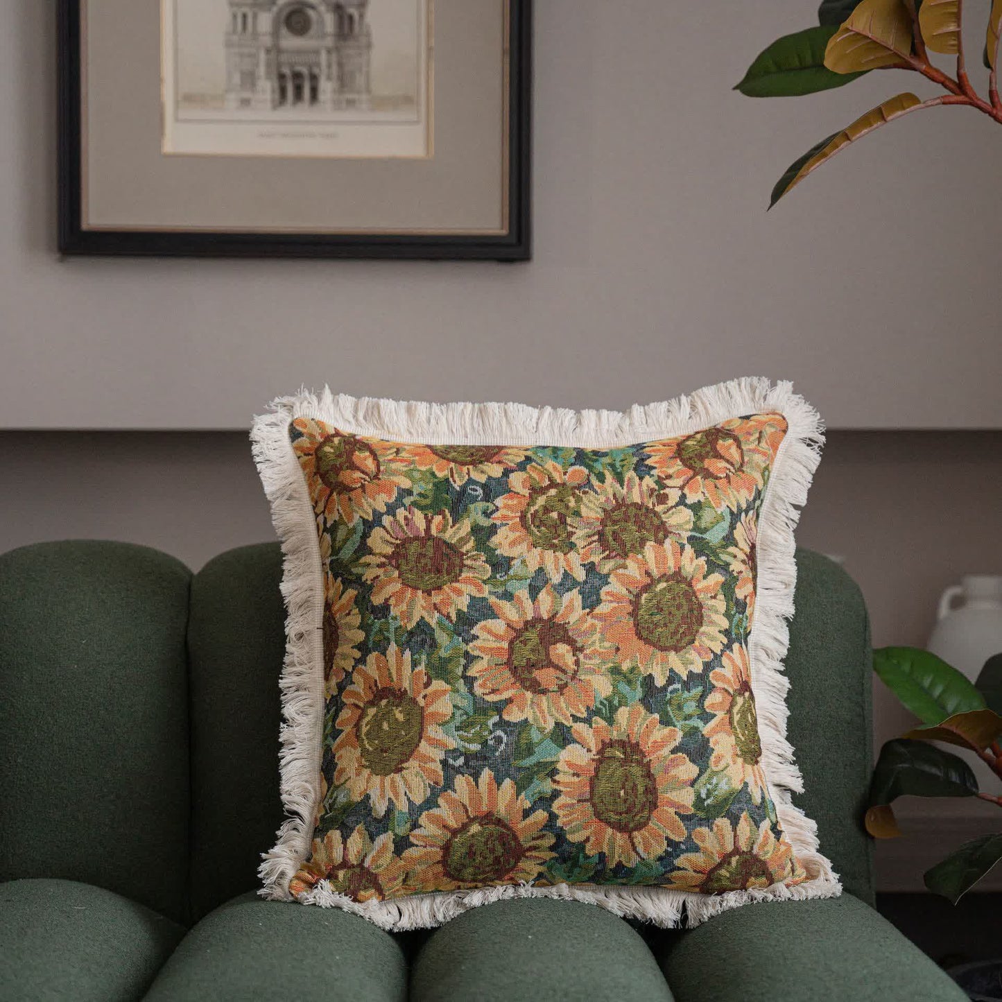 Weicher Jacquard-Kissenbezug mit Sonnenblumenquaste