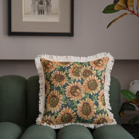 Weicher Jacquard-Kissenbezug mit Sonnenblumenquaste