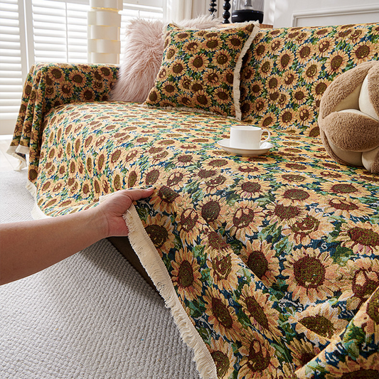 Couchbezug aus Baumwollleinen mit Sonnenblumen-Quaste