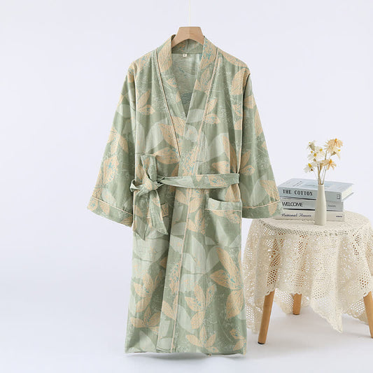 Jacquard-Kimono-Spa-Bademantel aus Baumwolle mit Blattmuster