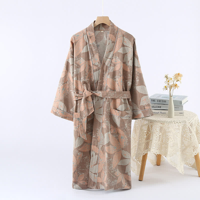 Jacquard-Kimono-Spa-Bademantel aus Baumwolle mit Blattmuster
