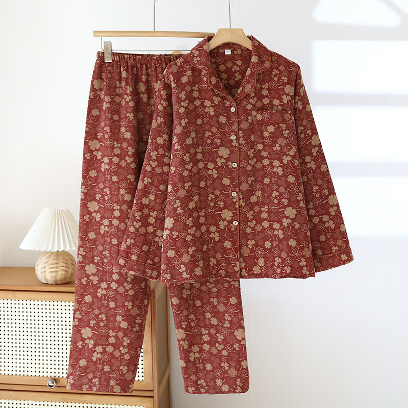 Loungewear-Set aus Baumwollgaze mit Jacquard-Kleeblattmuster