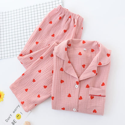 Nachtwäscheset aus Baumwollgaze mit Jacquard-Herzen
