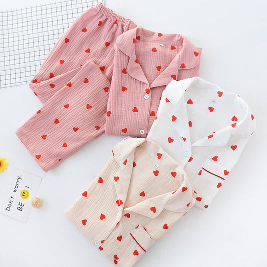 Nachtwäscheset aus Baumwollgaze mit Jacquard-Herzen