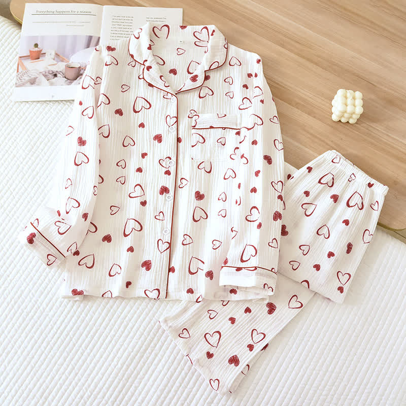 Atmungsaktives Pyjama-Set aus Baumwollgaze mit Herz-Revers