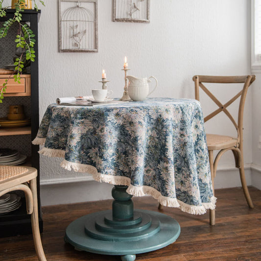 Runde Tischdecke im Ölgemälde-Stil mit Jacquard-Quaste