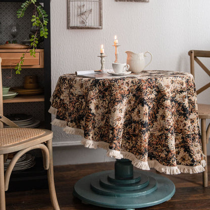 Runde Tischdecke im Ölgemälde-Stil mit Jacquard-Quaste