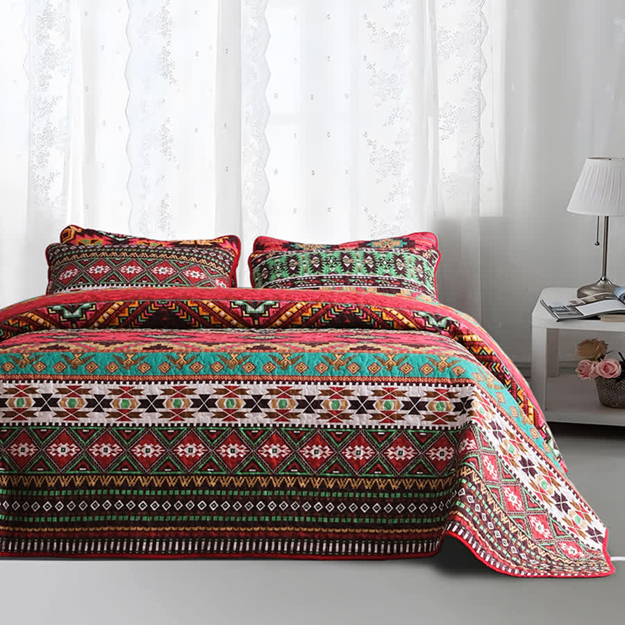 Gestepptes, atmungsaktives Bettwäscheset im Bohemian-Stil mit geometrischem Muster (3-teilig)