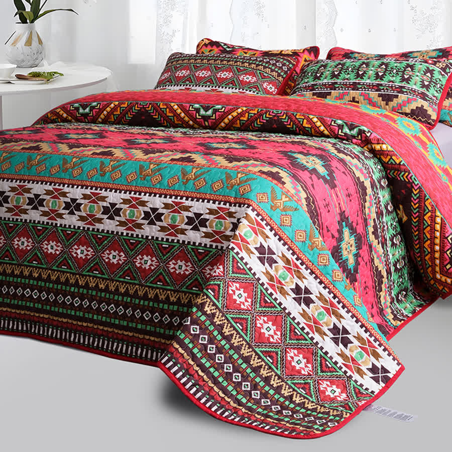 Gestepptes, atmungsaktives Bettwäscheset im Bohemian-Stil mit geometrischem Muster (3-teilig)