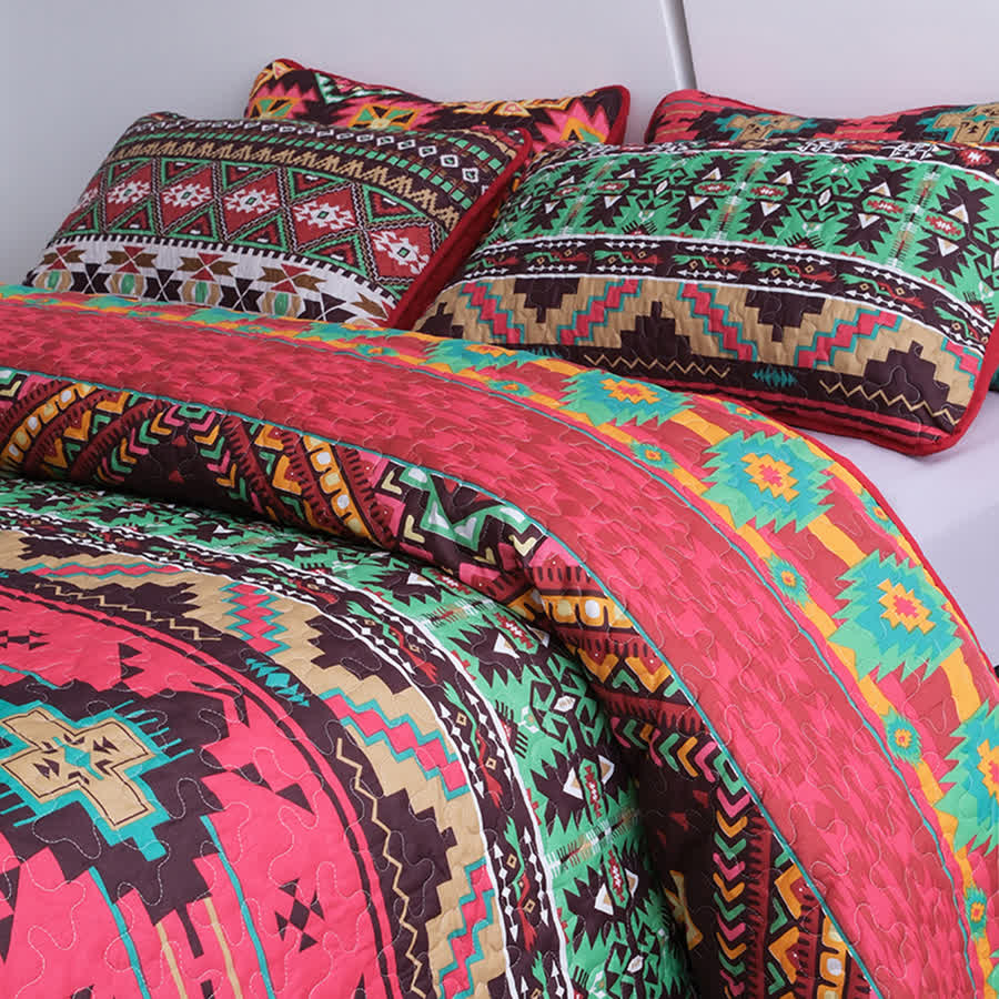 Gestepptes, atmungsaktives Bettwäscheset im Bohemian-Stil mit geometrischem Muster (3-teilig)
