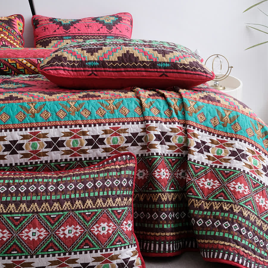 Gestepptes, atmungsaktives Bettwäscheset im Bohemian-Stil mit geometrischem Muster (3-teilig)