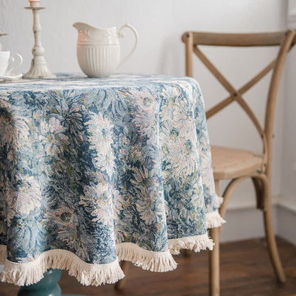 Runde Tischdecke im Ölgemälde-Stil mit Jacquard-Quaste