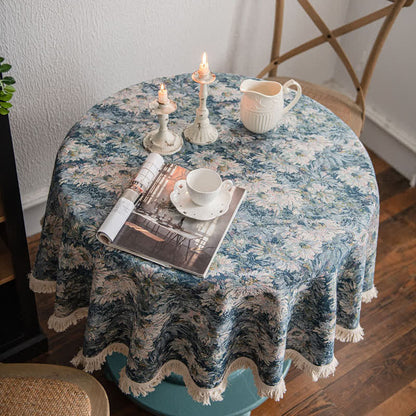 Runde Tischdecke im Ölgemälde-Stil mit Jacquard-Quaste