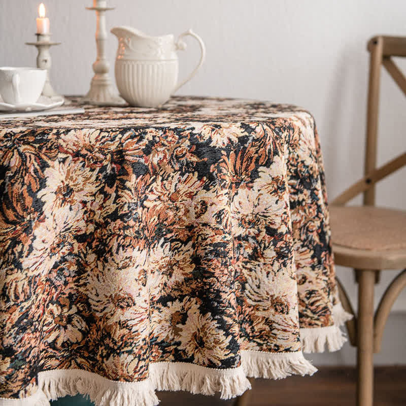 Runde Tischdecke im Ölgemälde-Stil mit Jacquard-Quaste