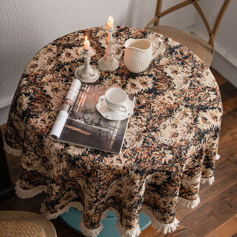 Runde Tischdecke im Ölgemälde-Stil mit Jacquard-Quaste