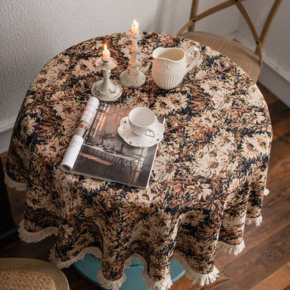 Runde Tischdecke im Ölgemälde-Stil mit Jacquard-Quaste