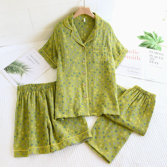 Pyjama-Set aus Baumwolljacquard mit Kleeblatt-Revers (3-teilig)