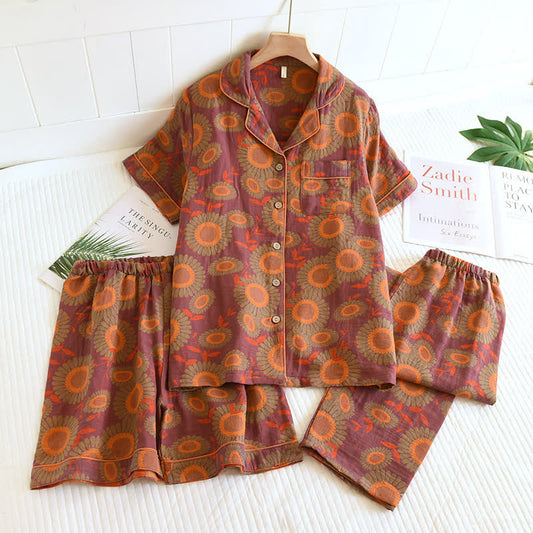 Bequemes Pyjama-Set mit Sonnenblumenmotiv und Jacquard-Garn (3-teilig)