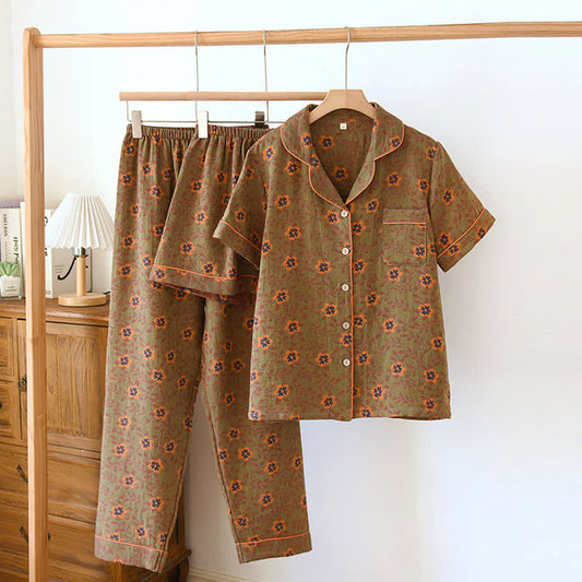 Garngefärbtes Jacquard-Pyjama-Set aus geblümter Baumwolle (3-teilig)