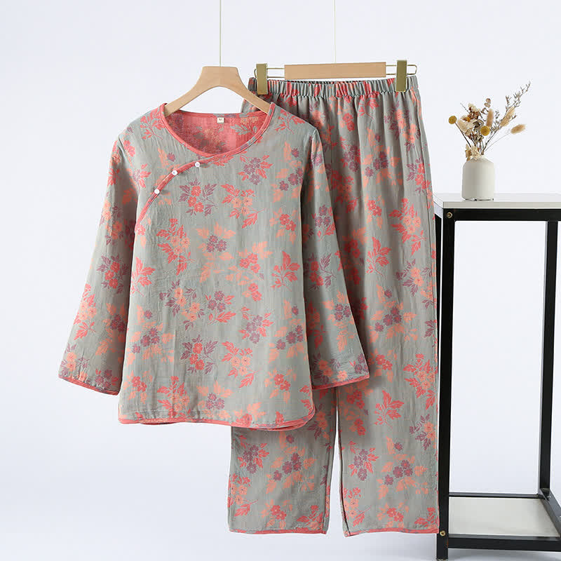 Garngefärbtes Jacquard-Pyjama-Set mit rundem Ausschnitt