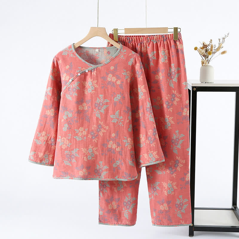 Garngefärbtes Jacquard-Pyjama-Set mit rundem Ausschnitt