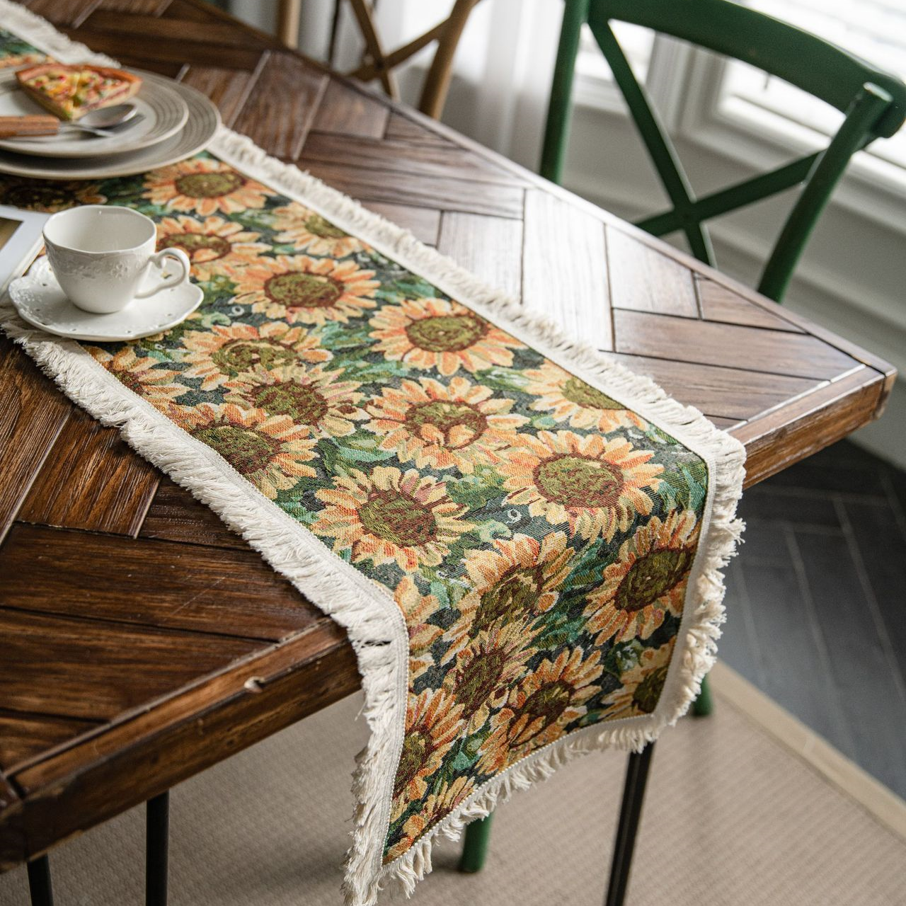 Jacquard-Tischläufer im Vintage-Stil mit Sonnenblumenmotiv