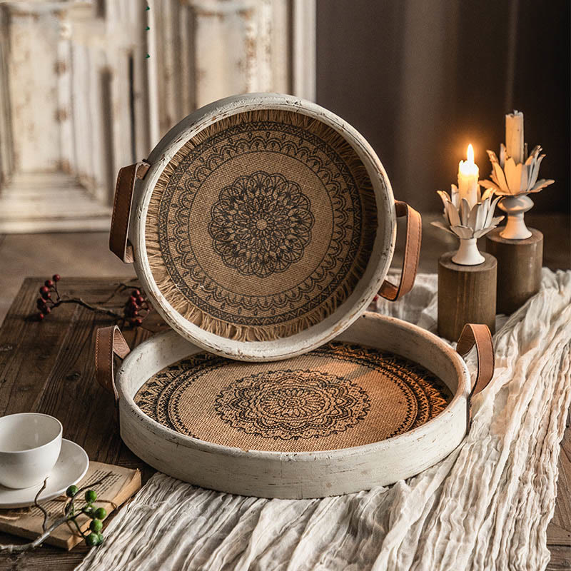 Rundes Holztablett im Retro-Bohemian-Stil