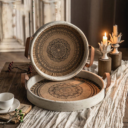 Rundes Holztablett im Retro-Bohemian-Stil
