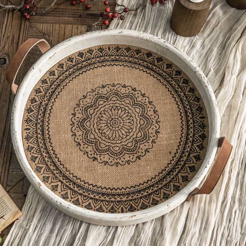 Rundes Holztablett im Retro-Bohemian-Stil