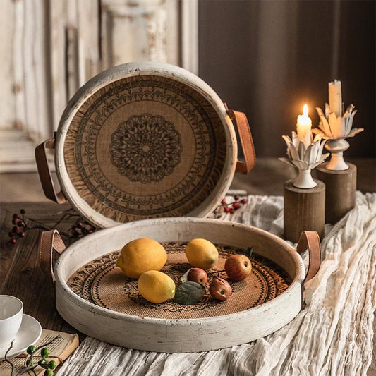 Rundes Holztablett im Retro-Bohemian-Stil